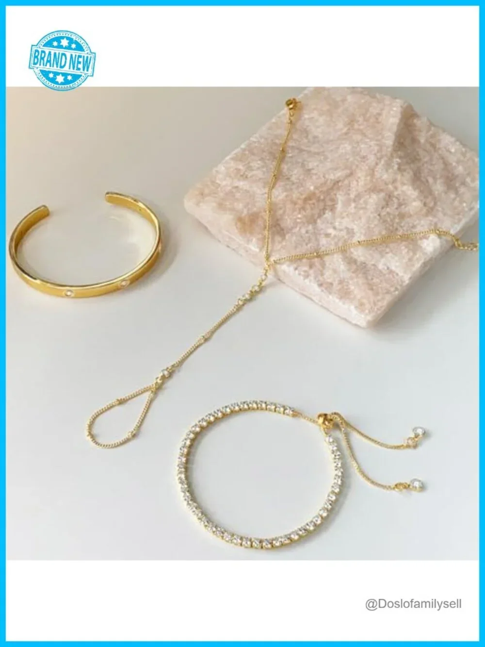 14K Gold Plated Dainty Stackable Hand Chain Bracelet Set with Cubic Zirconia